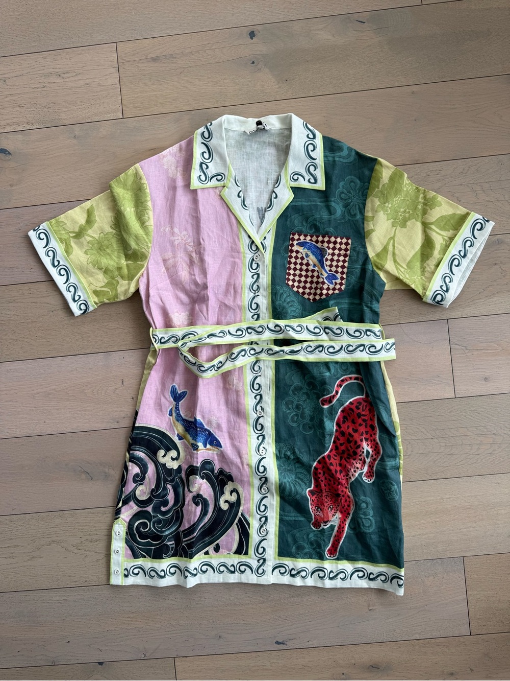 Alemais Colorblock Printed Midi Shirt Dress in Pink, Green and Yellow